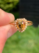 18ct gold citrine natural seed pearl heart ring Victorian 2.1 grams