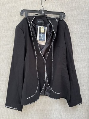 MALINA'S Women Collarless Jacket Blazer Black Embroidered Bead Stitch Trim Lined