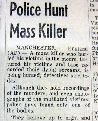 1965 newspaper THE MOORS MURDERS in ENGLAND DISCOVERED  Ian Brady & Myra Hindley