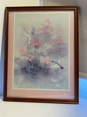 Schöner gerahmter Vintage Druck: Kolibris und Blumen von T.C. Chiu v.g.c.