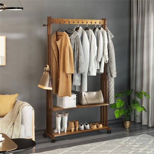 Walnut Wood Rolling Clothing Garment Rack Open Wardrobe f Entryway Bedroom Shop - Picture 8 of 16