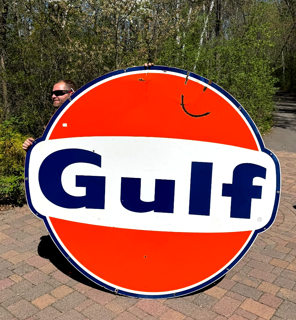 Vintage Large Porcelain Gulf Oil Gas Gasoline Sign 79 by 73 inch 1