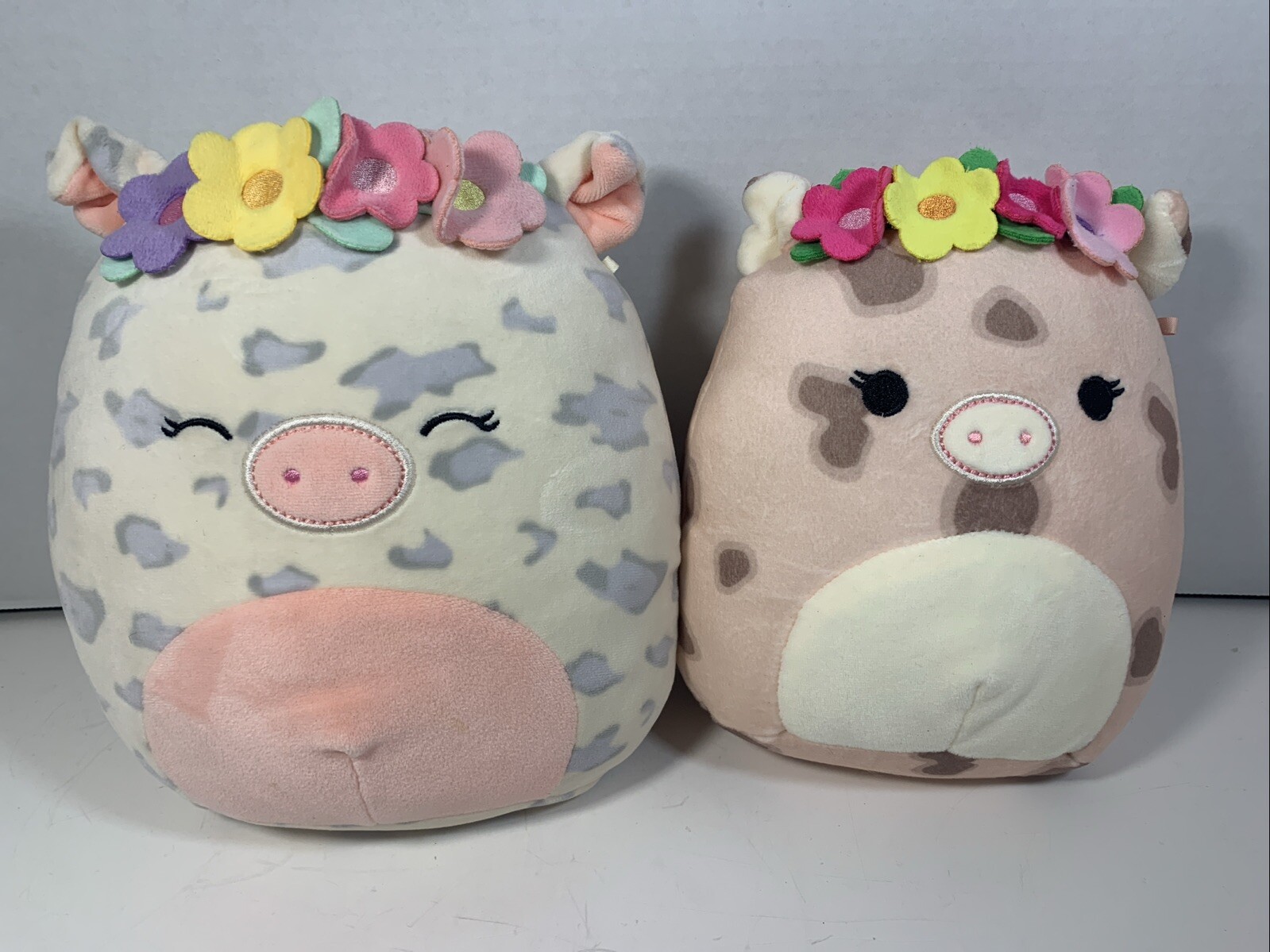 Rosie and Aquitaine Squishmallow spotted pig plush set with flower crowns by Kellytoy
