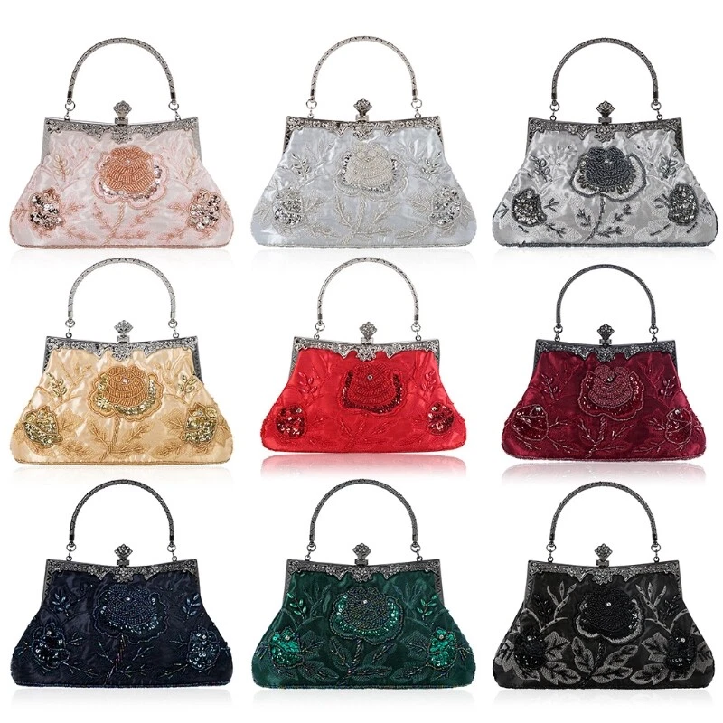 Vintage Style Beaded Floral Evening Clutch Bag Wedding Party Prom Purse Handbag - Image 3 of 4