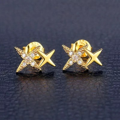 0.20Ct Real Moissanite Tiny Star Stud Earrings 14K Yellow Gold Plated Silver