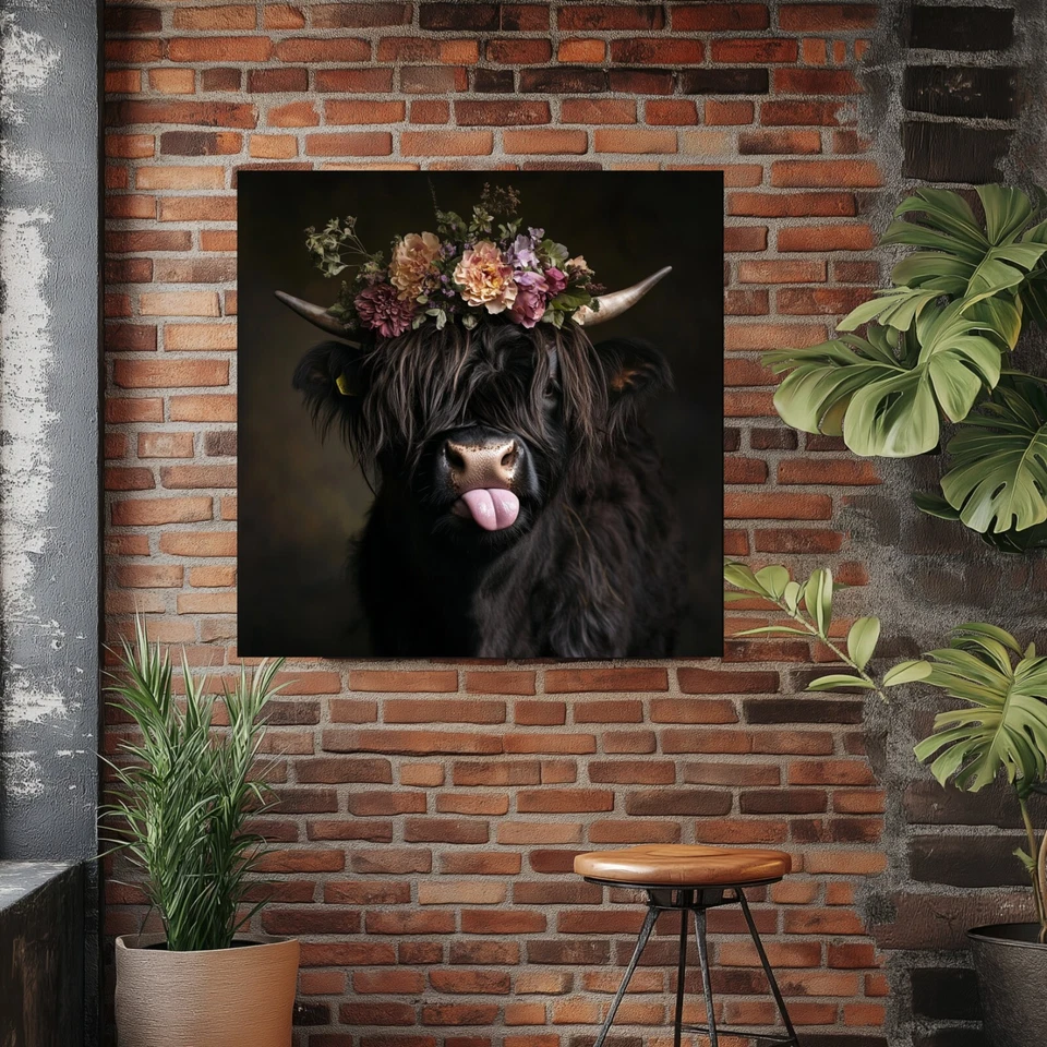 Freches Hochlandrind Luzy – Lustiges Kuh Leinwandbild mit Blumenkranz | Wanddeko - Bild 3 von 4