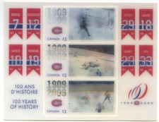 TIMBRES 2009 CANADA MONTRÉAL CANADIENS 100E CENTENAIRE 3x 3 $ HABS LNH Hockey