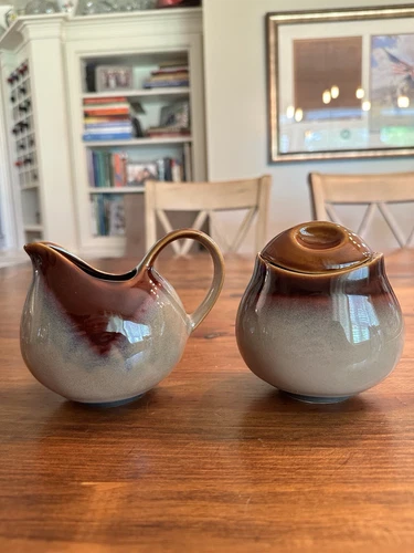 Sango Nova Brown Drip Glaze Creamer / Sugar Bowl with lid USA made vintage
