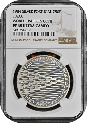 🟥 F.A.O. : 250 escudo Silver Portugal 1984 : NGC PF68 Ultra Cameo