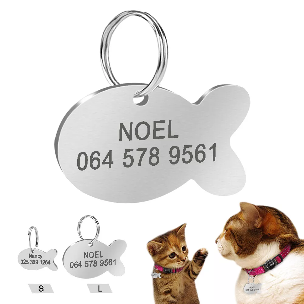 2pcs Cat Name Tag Fish Shape Personalised ID name Disc Disk Pet Puppy Kitten S L