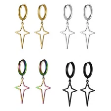 2pcs Stainless Steel Hollow Star Cross Drop Dangle Earring For Men Women Hoop