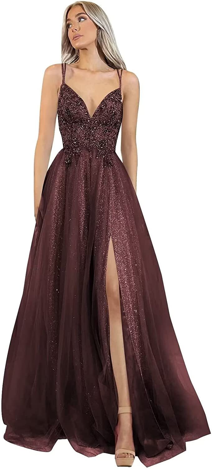 Vestidos de graduación de tul brillante con cuentas de encaje cuello en V sin espalda largos de noche vestidos formales