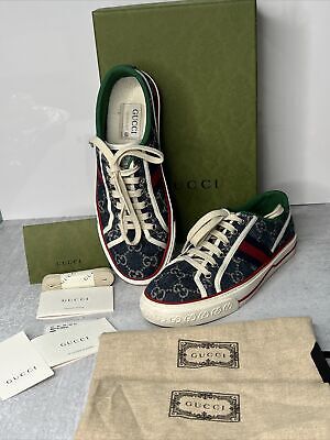 GUCCI Tennis 1977 GG Delave Webbing Trimmed Monogrammed Blue GUCCI Tennis 1977 GG Delave Webbing Trimmed Monogrammed Blue