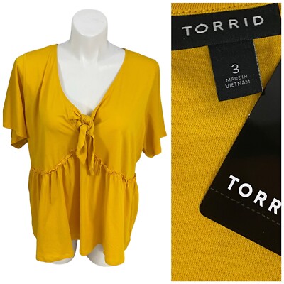 Torrid Top Womens 3x Yellow Shirt Work Office Casual Harvest Bow Peasant Ruffle
