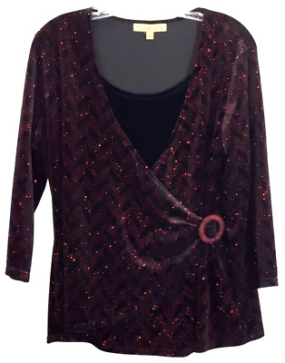 Notations Women's Glimmering Elegant Layered Top 3/4 Sleeve  Red Black S-L