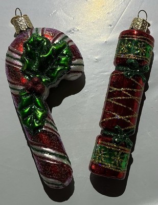 Old World Christmas Glistening Candy Cane Christmas Cracker Ornament OWC Lot /2