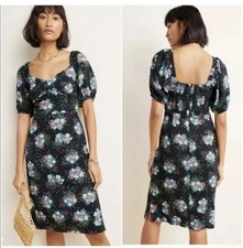 Anthropologie Tabia Dress Black Floral Puff Sleeve Size 6