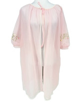 Vtg Gaymode Pink Embroidered Floral Peignoir Lingerie Robe Small Chiffon Boudoir