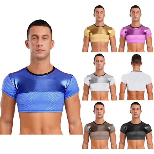 Mens Blouses Training Crop Tops Wetlook T-shirt Gym Shiny Patchwork Stylish - Picture 3 of 84