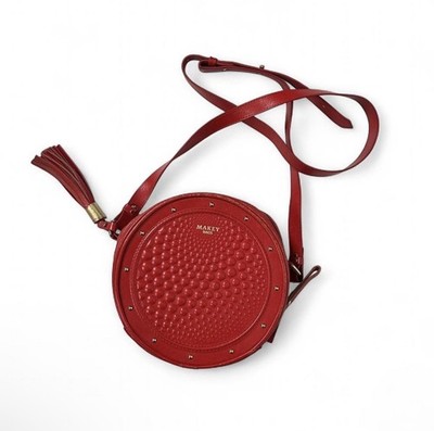 Makey Red Round Genuine Leather Studded Embossed Shoulder Bag w/ Tassel