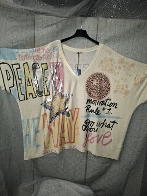 italy T-Shirt ca 44 46 48 50 52  NEU Glitzer Shirt Peace Love Leo beige