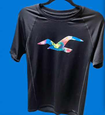 Hollister Black Swim Shirt with Tie Dye Seagull Logo Mens Size Med