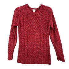 LL Bean Womens Tunic Fishermans Cable Knit Sweater Size Small Red Navy Heather