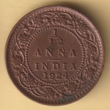 BRITISH INDIA 1924 KING GEORGE V 1/12 ANNA RARE COPPER COIN