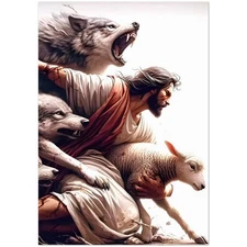 Jesus Protecting the Lamb from Wolves Religious Art Poster