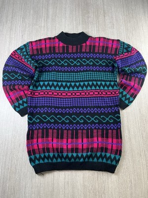 Vintage 80er 90er Pullover Strickpullover Damen M Geometrisch Abstrakt Funky Muster