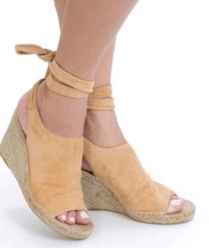 Etienne Aigner Suede Tie Up Wedge Sandals Shoes Size 9 Tan