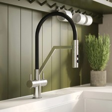 Nuie Ravi Mono Dual Lever Kitchen Tap with Rinser Round Brushed Nickel Modern