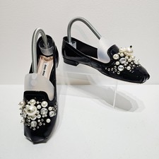 Miu Miu Women Size 35.5 Black Patent Leather Pearl Embroidered Ballet Flat Shoes