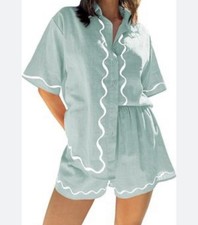 Women's 2 Piece Outfit Set Beach Short Sleeve Button Down Shirt And Short Set M