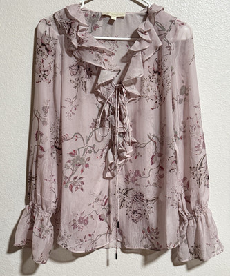 Etcetera Pink Floral Silk Blouse Size 0 Lace up Front with Ties