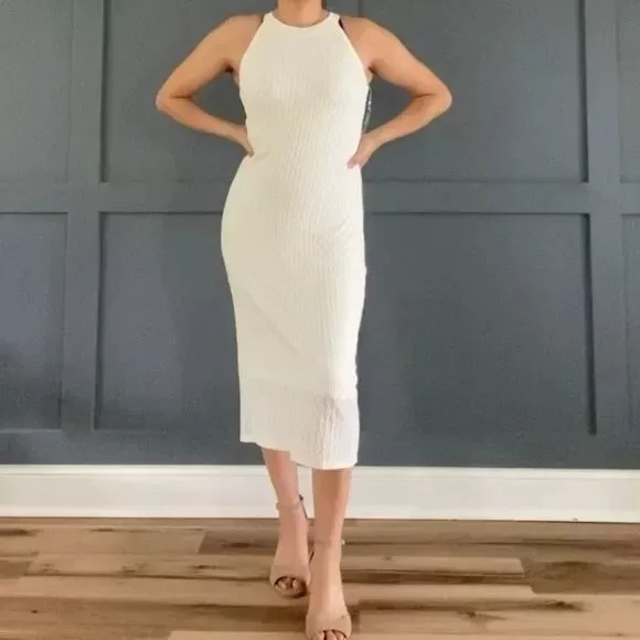 NWT House Of Harlow 1960 REVOLVE Knitwear Pointelle Halter Midi Dress L Ivory