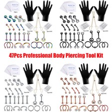 47PCS Body Piercing Tool Kit Steel Belly Nose Rings Lip Studs Earrings Needle US