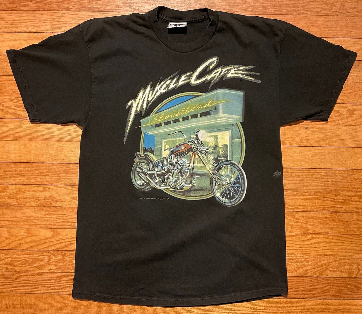 Vtg 90s 1995 Muscle Cafe Shovelhead Biker T-Shirt Size XL Made In 