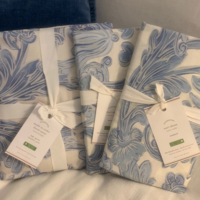 Nwt Pottery Barn 3pc Suri Scroll F Q Duvet 2 Std Shams Blue