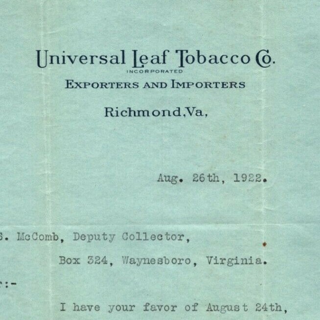 1928 Richmond, VA Letterhead Universal Leaf Tobacco Co. re: Delinquent Taxes