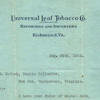 1928 Richmond, VA Letterhead Universal Leaf Tobacco Co. re: Delinquent  Taxes