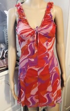 DRESS XS RED MULTICOLOURED SELF TIE BOW TO FRONT FULLY LINED ELASTICATED & FRILL