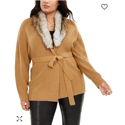 $195 NWT MICHAEL KORS Wool Cardigan Faux Fur Collar Sweater PLUS-SIZE 3X
