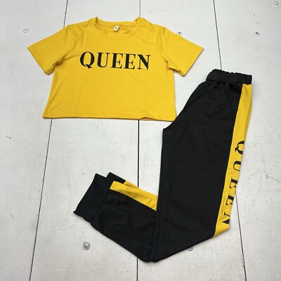 Black Yellow Queen Graphic Two Piece Outfit Set Jogger Pants T-shirt Girls 12 Y