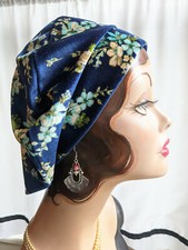 Navy Floral Print Velvet Beret