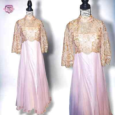 Vintage 60's High Collar Rose Gold Chiffon Ball Gown, medium | eBay