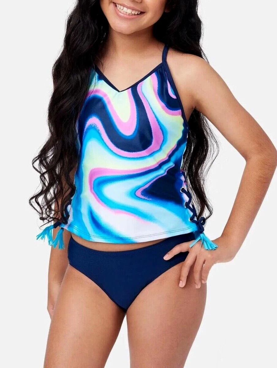 JUSTICE Girls Swimsuit Tankini Bikini Ruffle Swim PLUS SIZE 12 14 16 18 XL  Blue