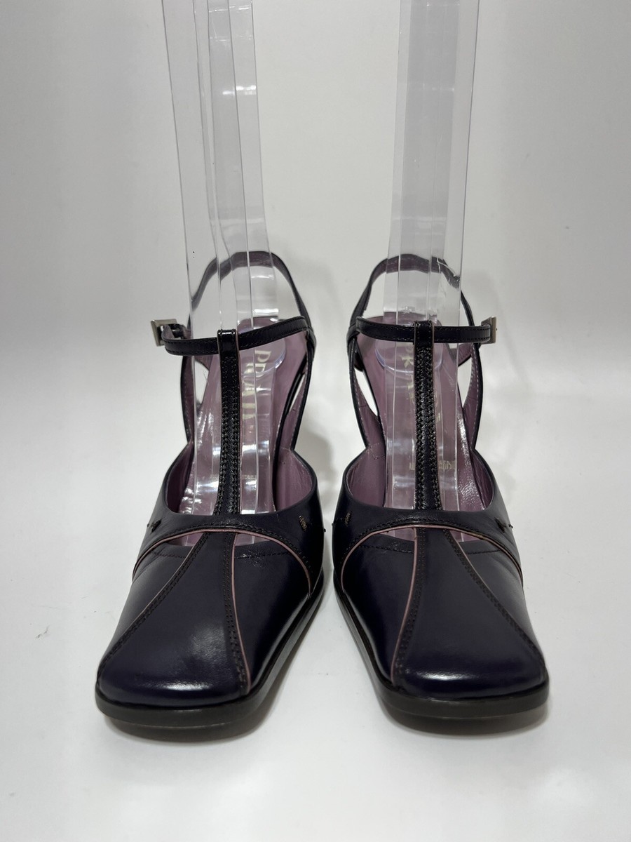 靴 PRADA leather strap heels PRADA Black Leather Metallic Gray Square Toe Ankle Strap