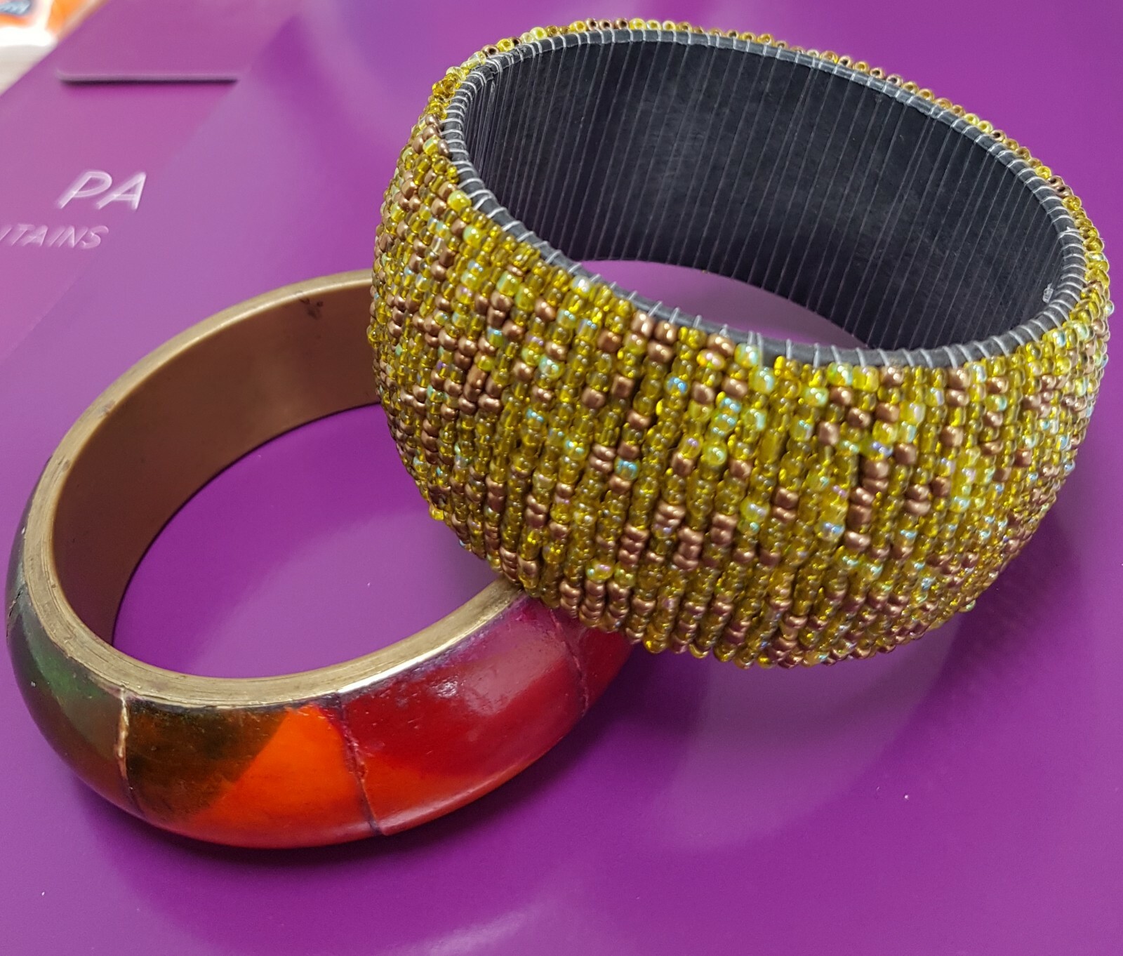 Bangles Stack Bundle Arm Brass multicoloured wood… - image 2