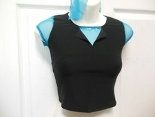 Cap Sleeve dance top mesh turquoise sleeves inset w/ rhinestone accent